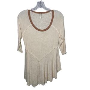 Free People Intimately Women’s M Cream Thermal Knit Top 3/4 Sleeve Raw Hem Boho‎